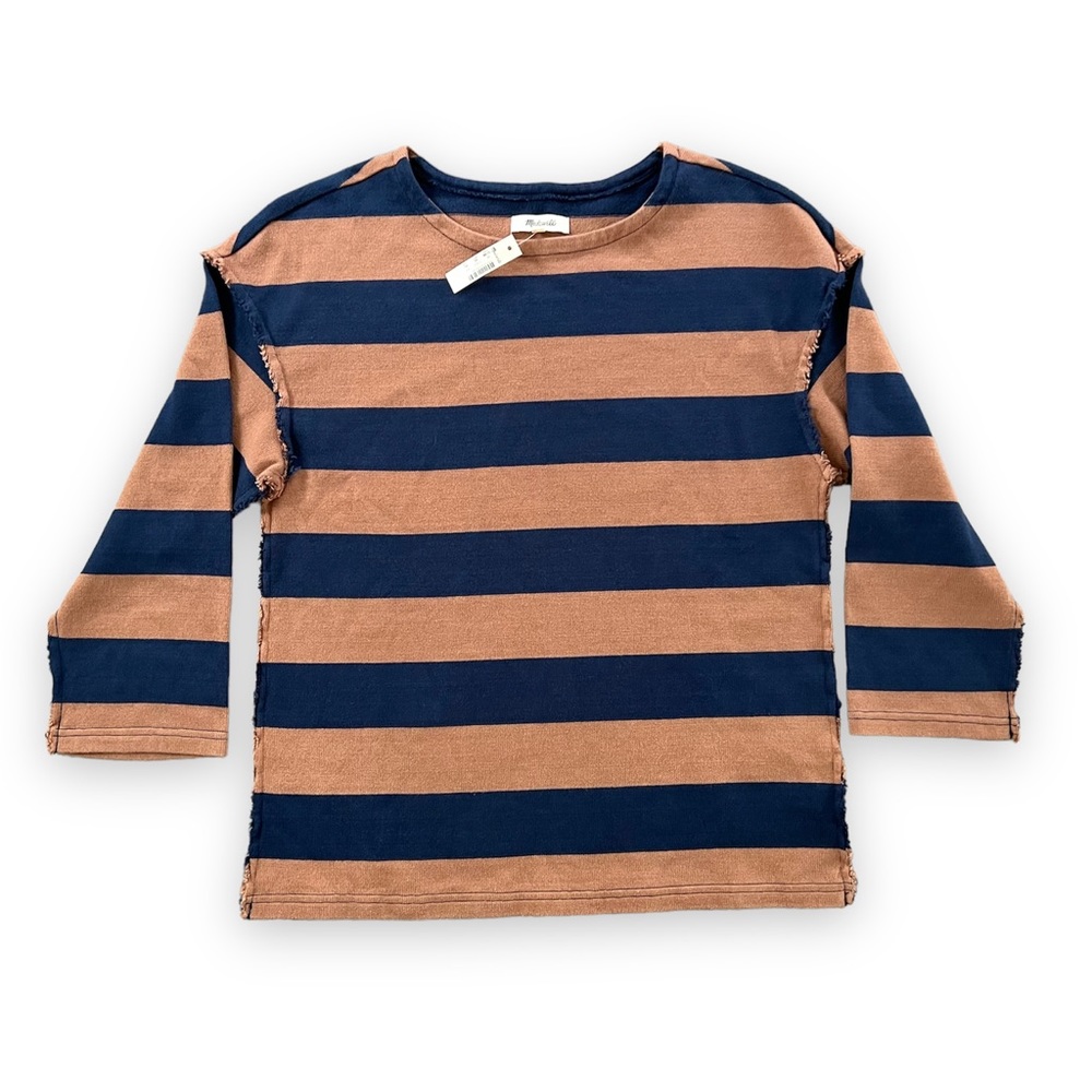NWT Madewell Women's Striped Luxe Long-Sleeve Tee Size XS Navy Blue Brown